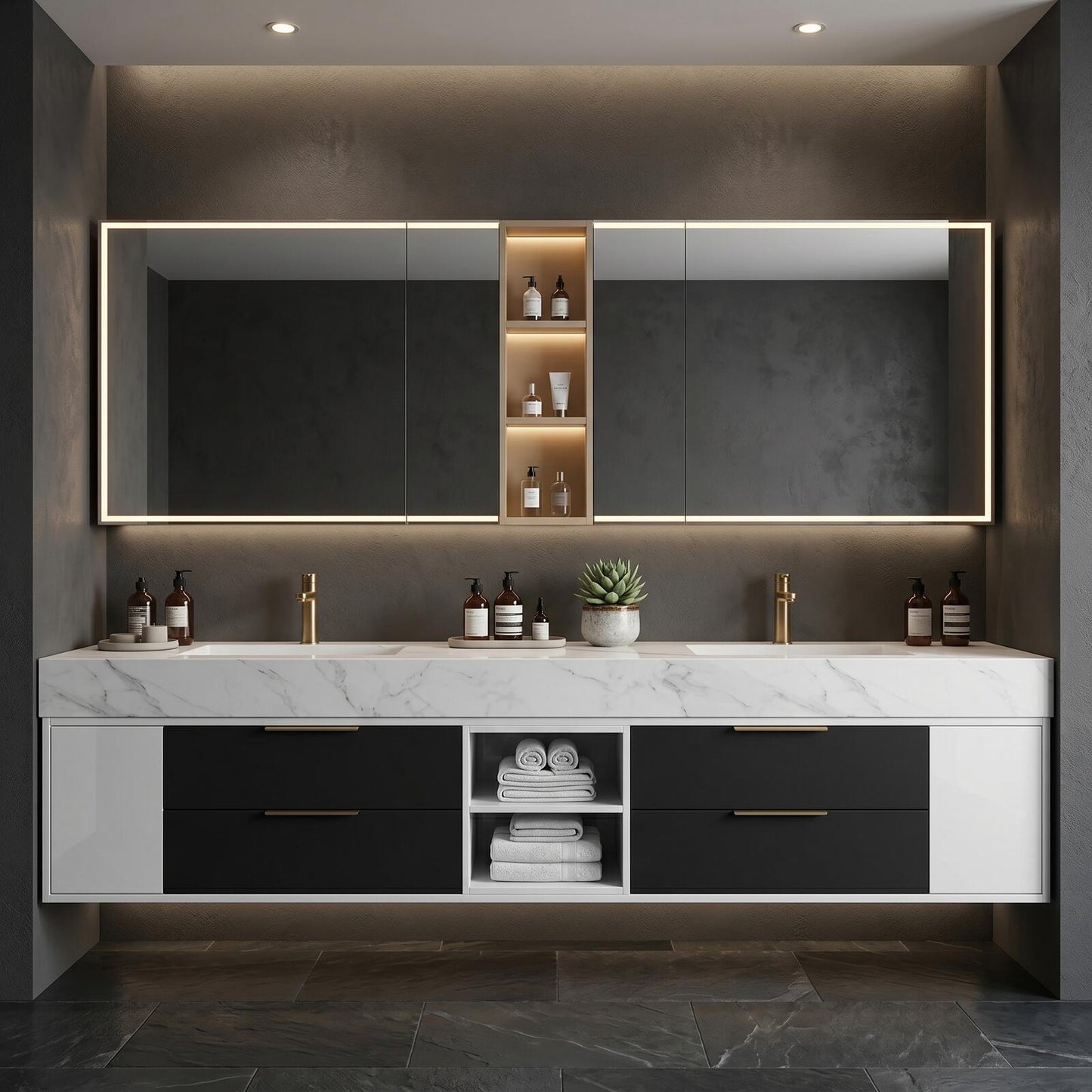 60''-96'' Modern Bathroom Vanity with Sink Double White Marble-Look Stone Top Cabinet