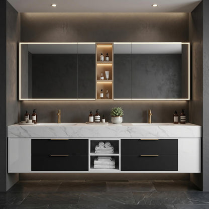 60''-96'' Modern Bathroom Vanity with Sink Double White Marble-Look Stone Top Cabinet