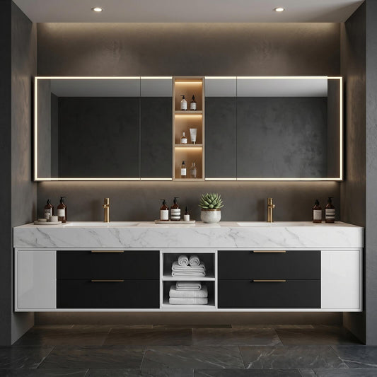 60''-96'' Modern Bathroom Vanity with Sink Double White Marble-Look Stone Top Cabinet