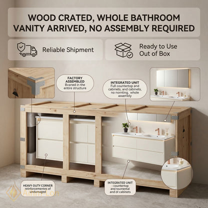 60''-96'' Modern Bathroom Vanity with Sink Floating Matte White Anti-Fog Mirror Drawers
