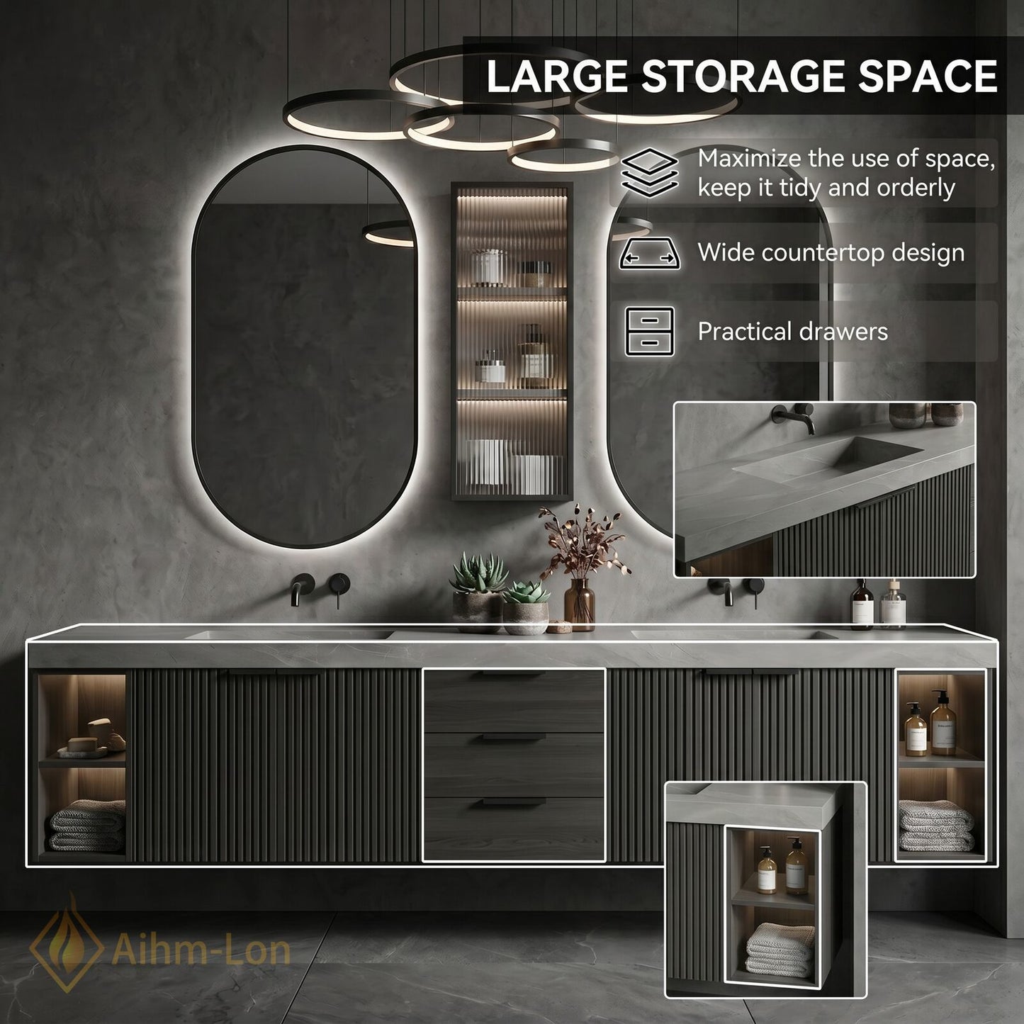 76''-96'' Double Bathroom Vanity with Sink Grey Modern Stone-Top Fluted Dark Panel