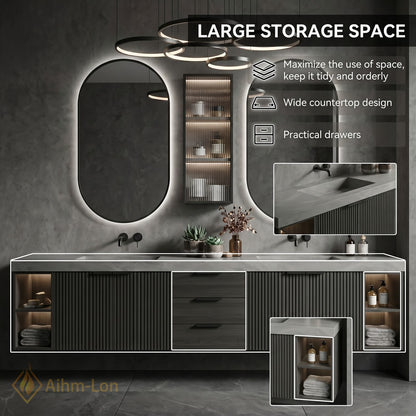 76''-96'' Double Bathroom Vanity with Sink Grey Modern Stone-Top Fluted Dark Panel