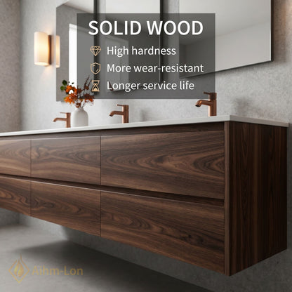 78''-96'' Modern Bathroom Vanity with Sink Triple Floating Dark Wood Grain Mirror Set