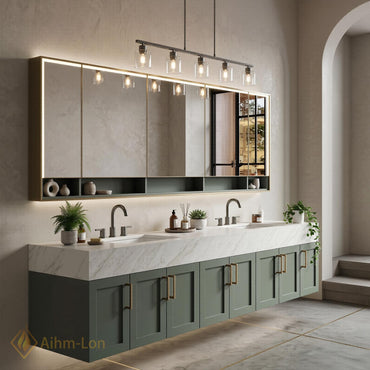 78''-96'' Double Bathroom Vanity with Sink Sage Green Modern Floating Panels Marble