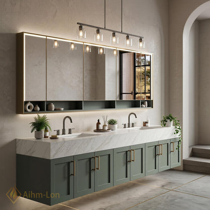 78''-96'' Double Bathroom Vanity with Sink Sage Green Modern Floating Panels Marble
