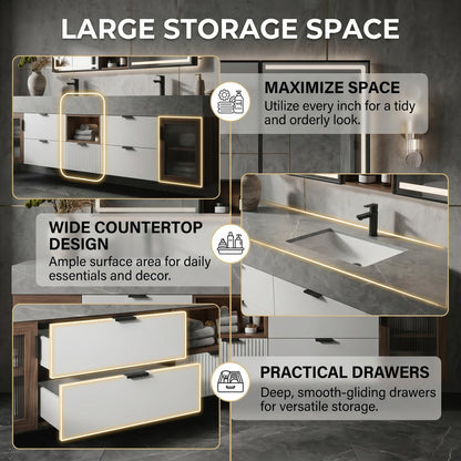 60''-96'' Modern Bathroom Vanity with Sink Double Sink Grey Stone Top Veneer Doors Cabinet