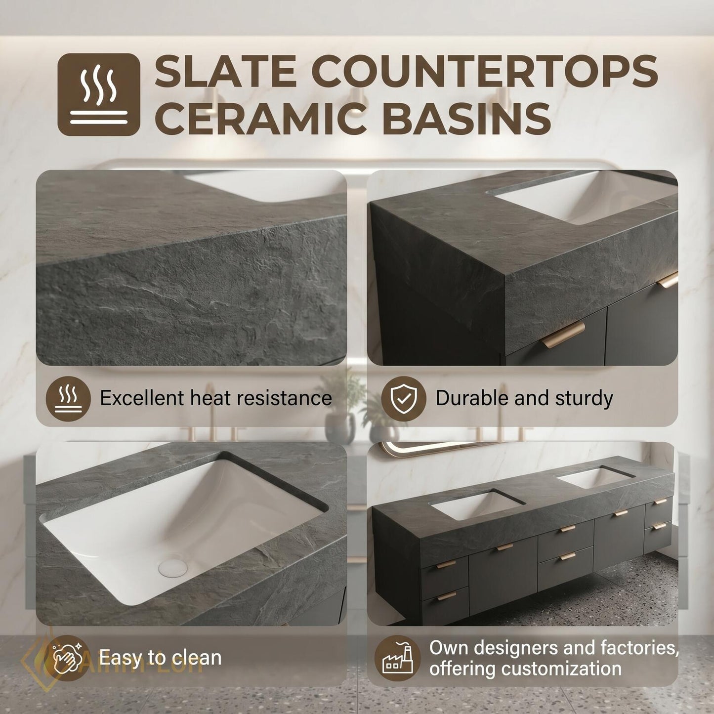 70''-96'' Double Bathroom Vanity with Sink Dark Grey Modern Floating Stone Countertop