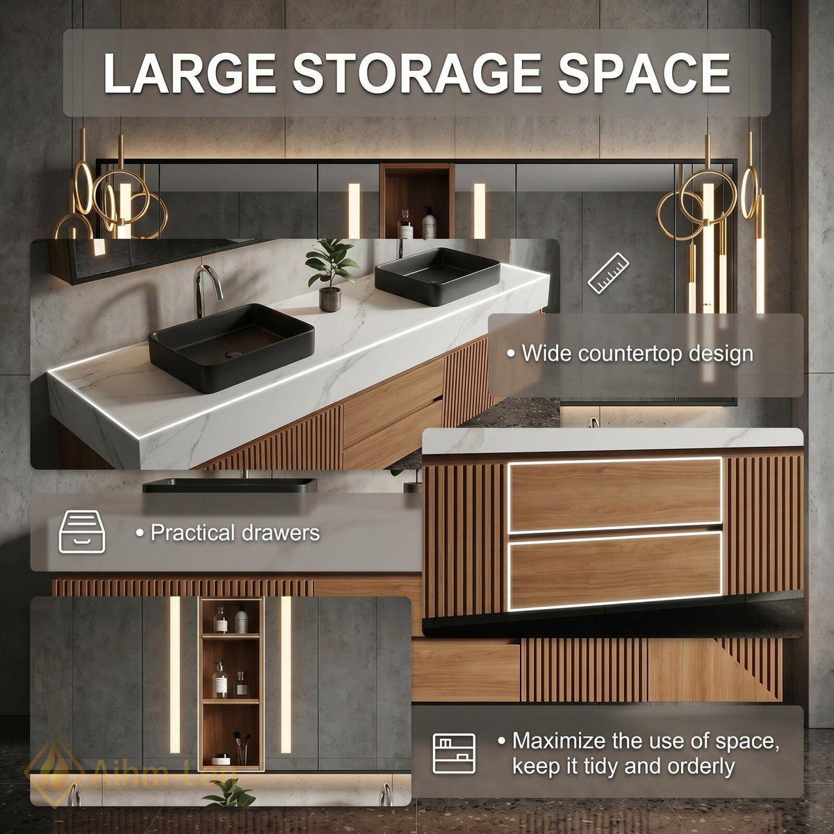 60''-96'' Double Bathroom Vanity with Sink Floating Double White Marble Slatted Wood