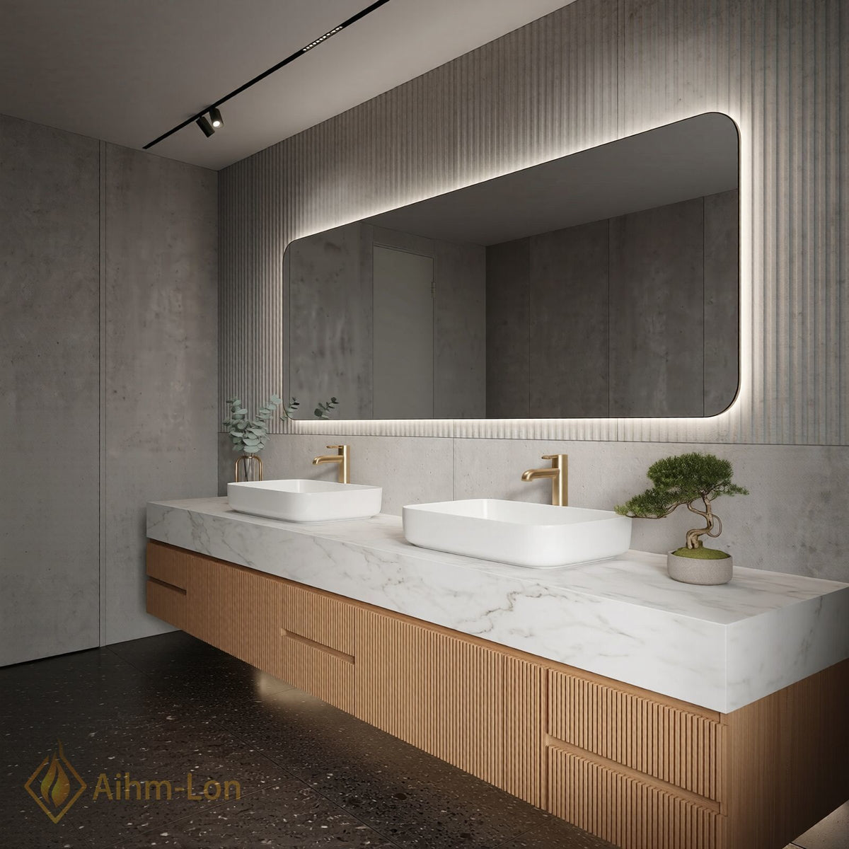 60''-96'' Double Bathroom Vanity with Sink Slatted Panel Marble Top Open Storage