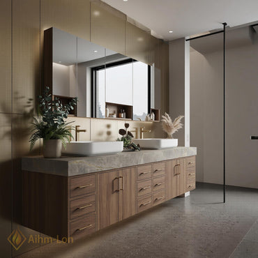 80''-96'' Double Bathroom Vanity with Sink Floating Double Grain Finish Slatted Center