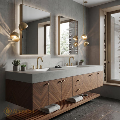 76''-96'' Modern Bathroom Vanity with Sink Floating Chevron Wood Stone Slatted Shelving