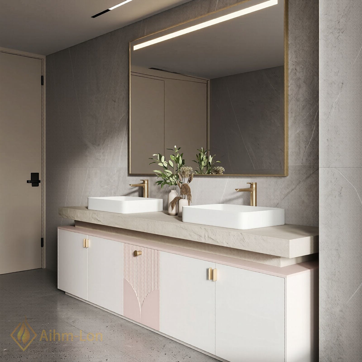 70''-96'' Double Bathroom Vanity with Sink Soft Pink Finish Slatted Center Panel