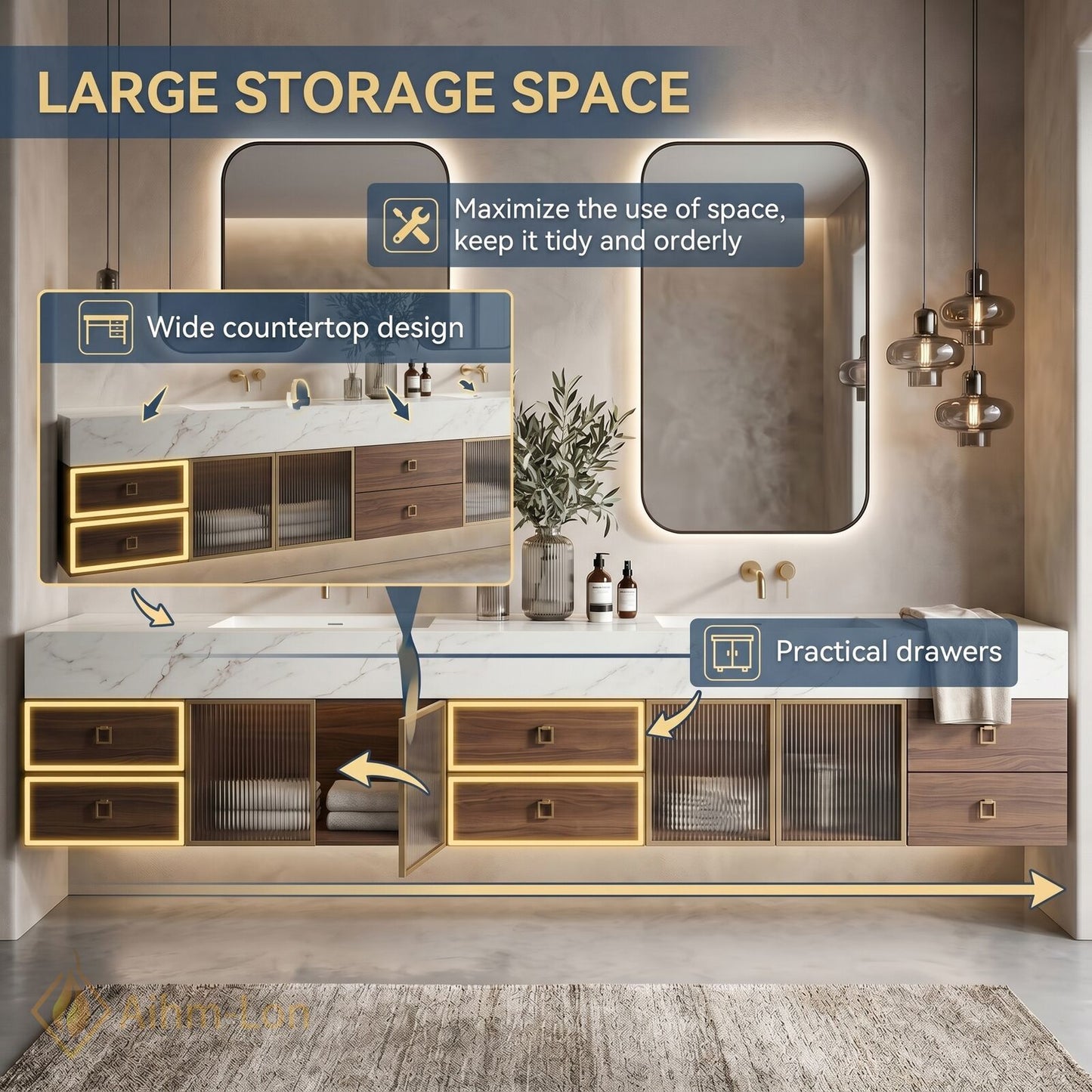 70''-96'' Double Bathroom Vanity with Sink Floating Solid-Wood Mirror-Cabinet Glass Doors Base