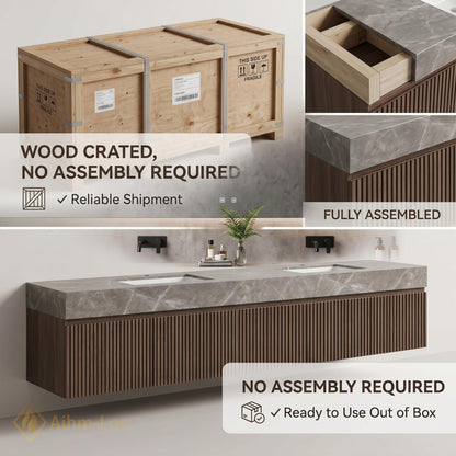 60''-96'' Double Bathroom Vanity with Sink Floating Gray Vein Stone Fluted Panel