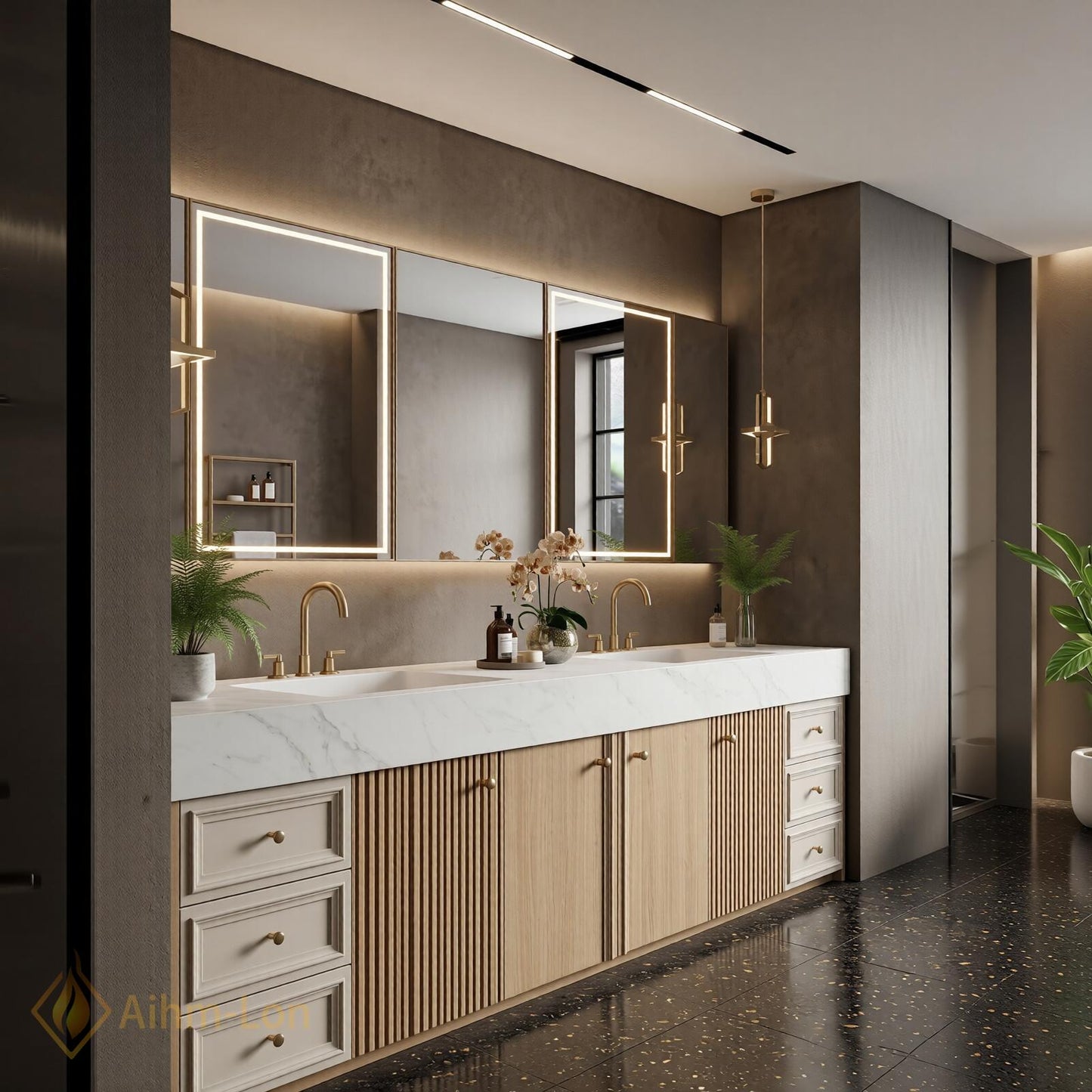 78''-96'' Double Bathroom Vanity with Sink Modern Floating Warm Oak Slatted Panel