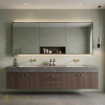 60''-96'' Modern Double Floating Bathroom Vanity with Sink Dark Walnut Slatted Panel