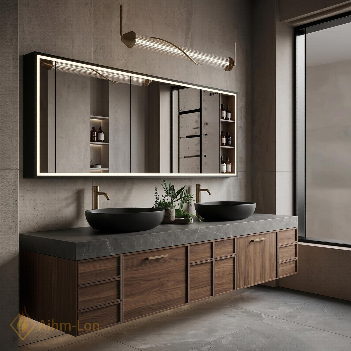 60''-96'' Double Bathroom Vanity with Sink Grey Stone Countertop Walnut Wood Drawers