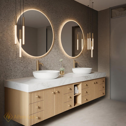 78''-96'' Double Bathroom Vanity with Sink Light-Wood Modern Floating Grain Slatted