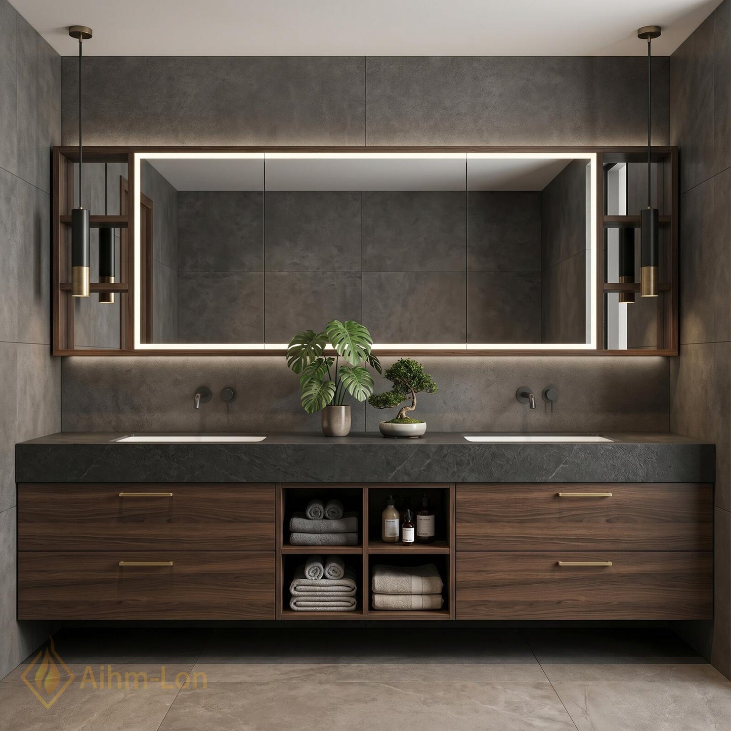 60''-96'' Double Bathroom Vanity with Sink Elegant Dark Walnut Open Shelf Organization