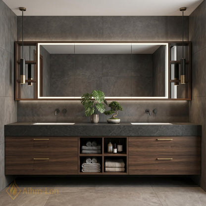 60''-96'' Double Bathroom Vanity with Sink Elegant Dark Walnut Open Shelf Organization