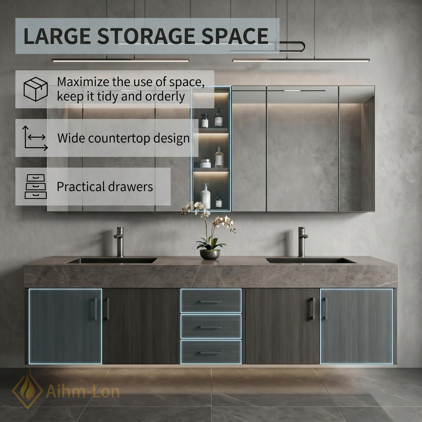 60''-96'' Double Bathroom Vanity with Sink Sleek Floating Stone-Like Surface Mirror Cabinet