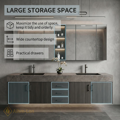 60''-96'' Double Bathroom Vanity with Sink Sleek Floating Stone-Like Surface Mirror Cabinet