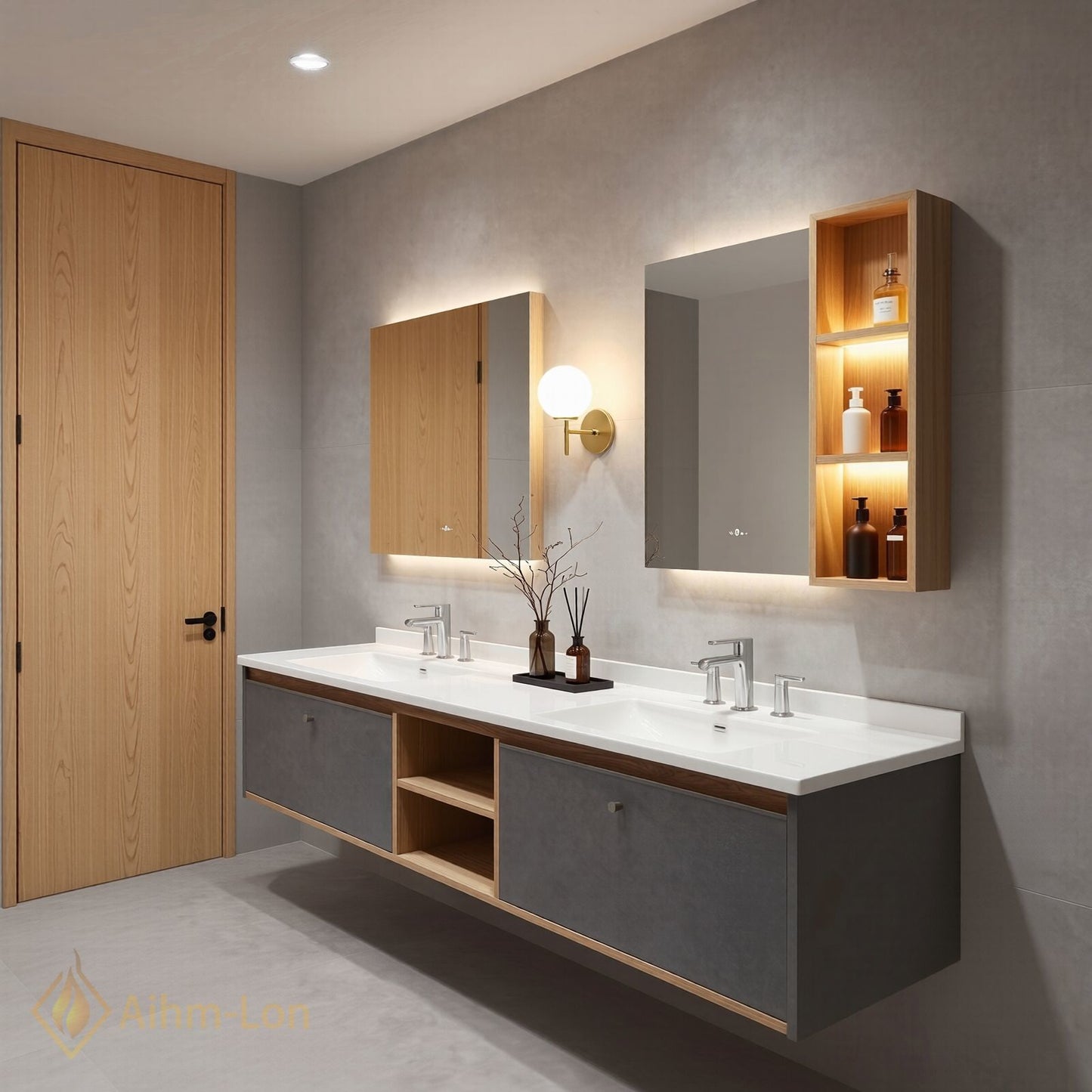 60''-96'' Floating Bathroom Vanity with Sink Grey Cabinet White Countertop Open Shelving
