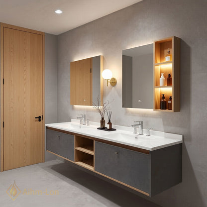 60''-96'' Floating Bathroom Vanity with Sink Grey Cabinet White Countertop Open Shelving