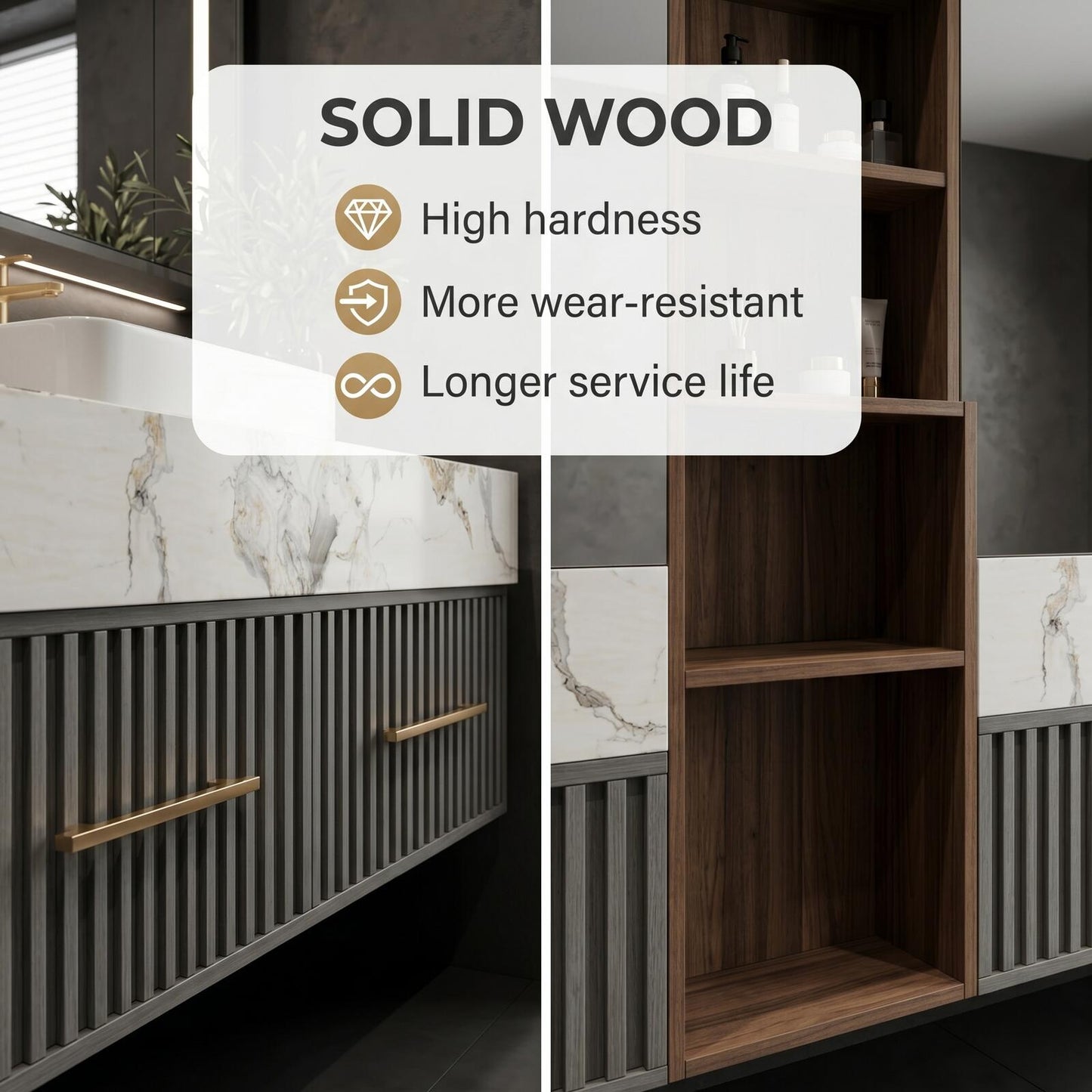 70''-96'' Modern Bathroom Vanity with Sink Double Sink Marble Top Dark Grey Slatted Cabinet