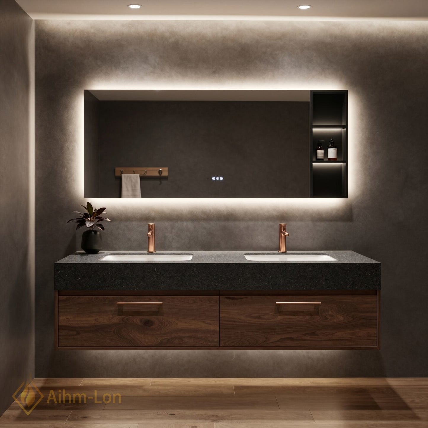 60''-96'' Floating Bathroom Vanity with Sink Double Sink Speckled Stone Mirror Cabinet