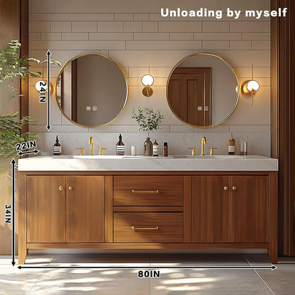 72"-96" Retro Bathroom Vanity with Double Sinks Includes Round Mirror