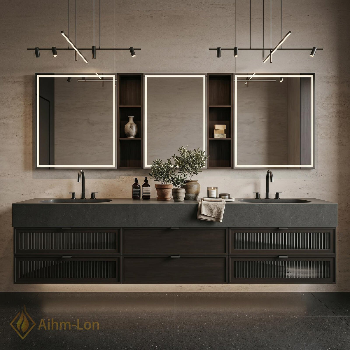 76''-96'' Double Bathroom Vanity with Sink Slatted Drawers Floating Double Open Shelving