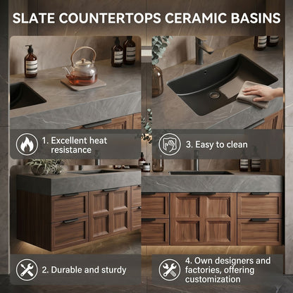 78''-96'' Modern Bathroom Vanity with Sink Double Sink Dark Grey Marble Floating Cabinet