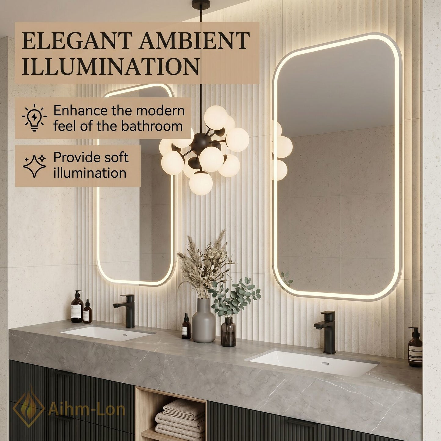 60''-96'' Double Bathroom Vanity with Sink Stone-Top Ribbed Dark Panels Smooth Open