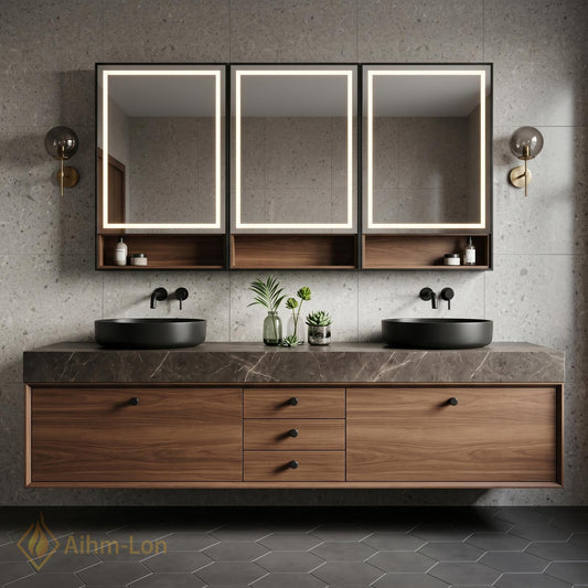 60''-96'' Double Bathroom Vanity with Sink Modern Floating Walnut Wood Stone-Top Spacious