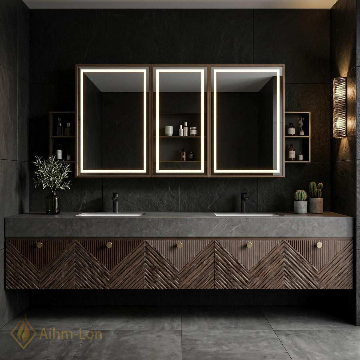 60''-96'' Double Bathroom Vanity with Sink Modern Floating Dark Walnut Finish Chevron