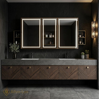 60''-96'' Double Bathroom Vanity with Sink Modern Floating Dark Walnut Finish Chevron
