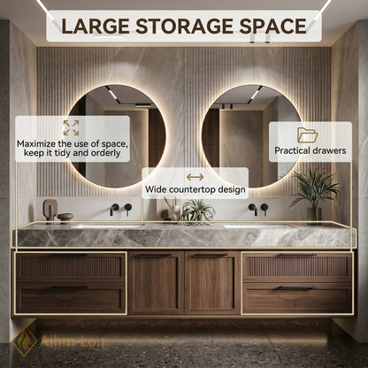 70''-96'' Double Bathroom Vanity with Sink Floating Wall-Mounted Wall-Mount Marble Textured Countertop