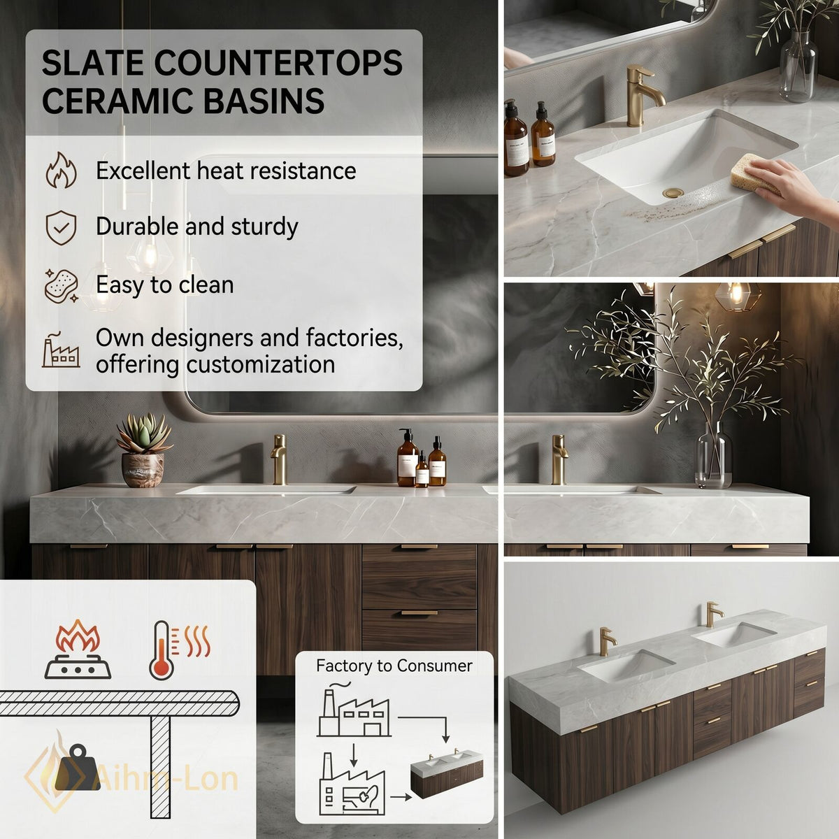 78''-96'' Double Bathroom Vanity with Sink Dark Walnut Finish Slatted Center Storage
