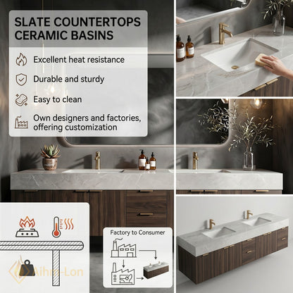 78''-96'' Double Bathroom Vanity with Sink Dark Walnut Finish Slatted Center Storage