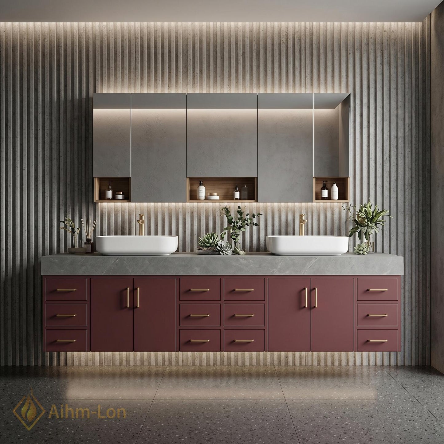 78''-96'' Double Bathroom Vanity with Sink Sleek Matte Burgundy Elegant Drawer Storage