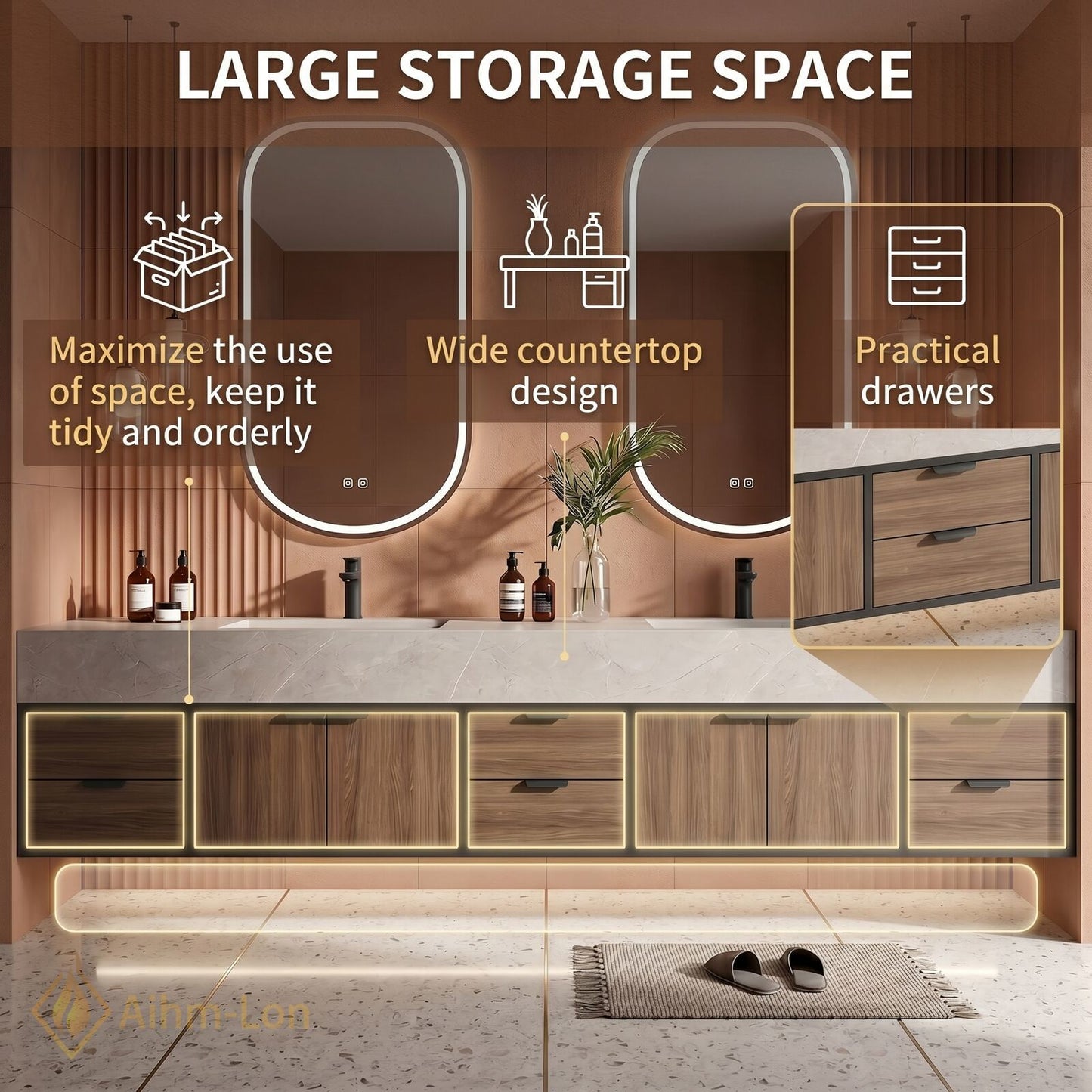 78''-96'' Double Bathroom Vanity with Sink Floating Modern Wood-Grain Sleek Oval Mirrors