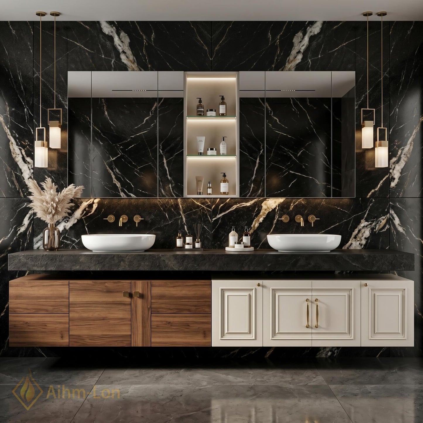 78''-96'' Double Bathroom Vanity with Sink Floating Dual-Tone Wood Stone Top Spacious
