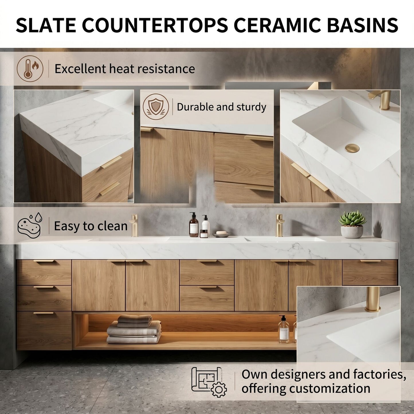 70''-96'' Modern Bathroom Vanity with Sink Wide Floating Base Solid Wood Cabinet
