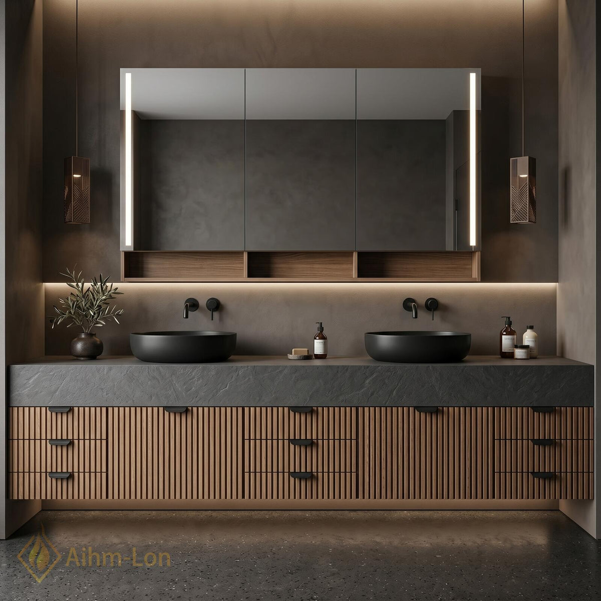 60''-96'' Double Bathroom Vanity with Sink Floating Dark Stone Top Slatted Doors