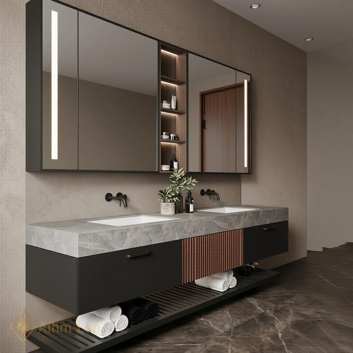 60''-96'' Double Bathroom Vanity with Sink Modern Floating Dark Grey Finish Slatted