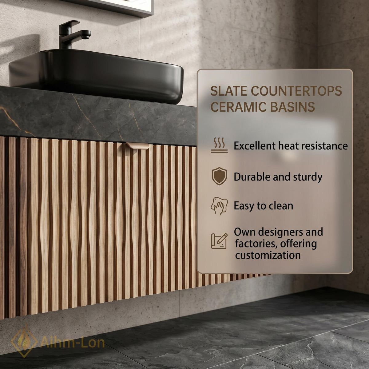 76''-96'' Double Bathroom Vanity with Sink Floating Double Dark Stone Top Slatted