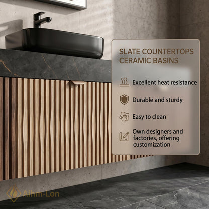 76''-96'' Double Bathroom Vanity with Sink Floating Double Dark Stone Top Slatted