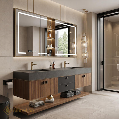 60''-96'' Double Bathroom Vanity with Sink Modern Floating Dark Stone Slatted Center