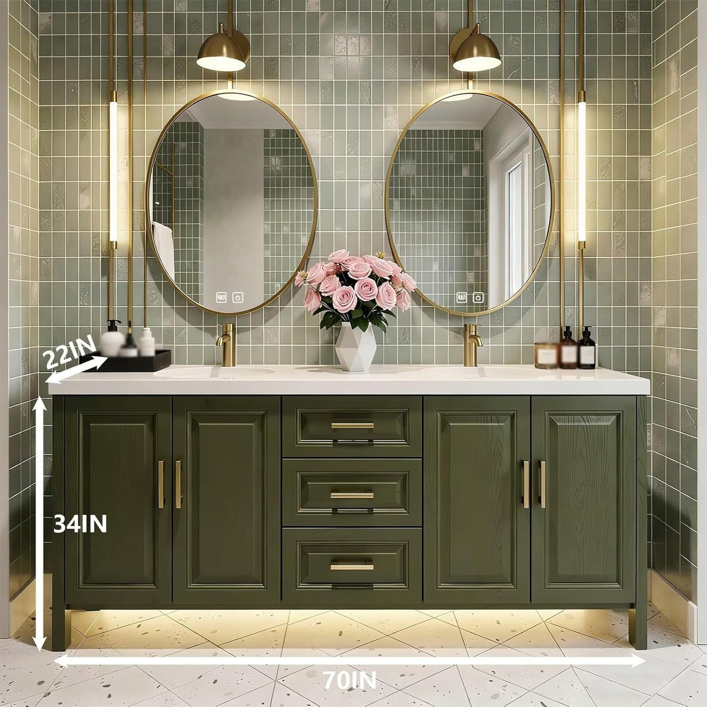 60"-96"Large Olive Bathroom Vanity with Double Sink Green ,Floor Mount Design